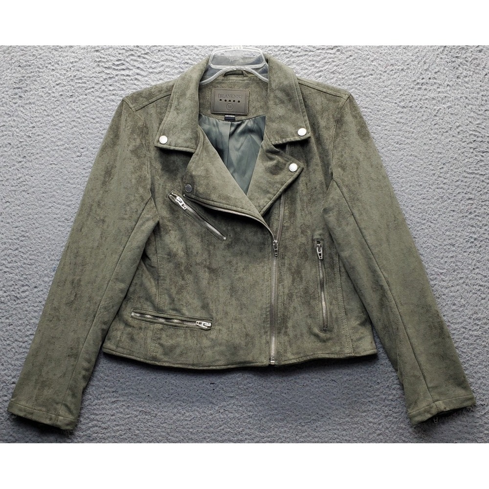 BLANKNYC Biker Jacket Womens Medium Green Faux Suede Lined Collared Clipside Zip